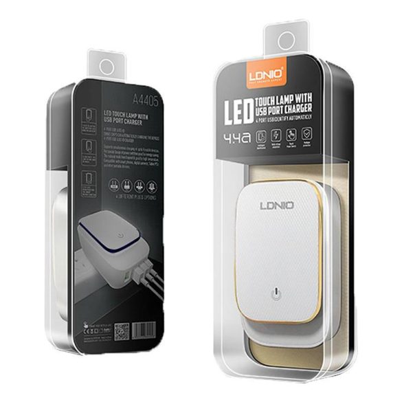 LDNIO A4405 hálózati töltő és LED lámpa 4xUSB-A csatlakozóval és USB-A - Lightning kábellel 4.4A fehér