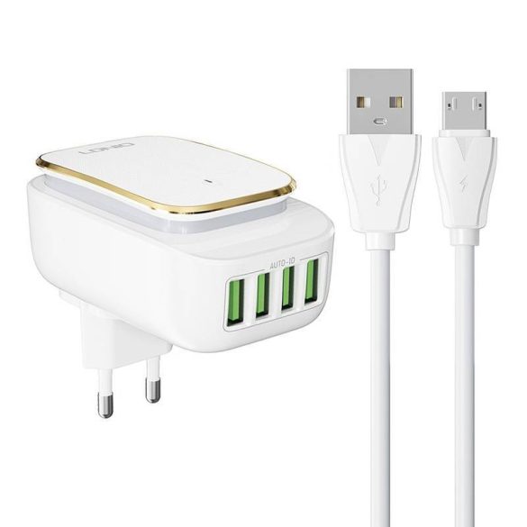 LDNIO A4405 hálózati töltő és LED lámpa 4xUSB-A csatlakozóval és USB-A - microUSB kábellel 4.4A fehér