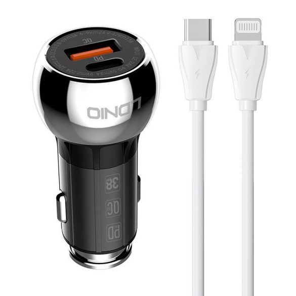 LDNIO C1 autós töltő 1xUSB-A és 1xUSB-C csatlakozóval és Type-C - Lightning kábellel