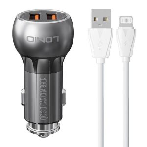 LDNIO C503Q autós töltő 2xUSB-A csatlakozóval és USB-A - Lightning kábellel