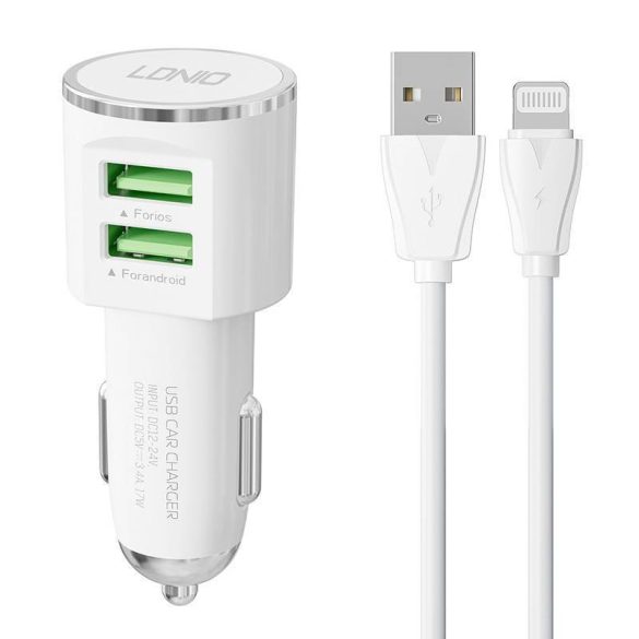 LDNIO DL-C29 autós töltő 2xUSB-A csatlakozóval és USB-A - Lightning kábellel