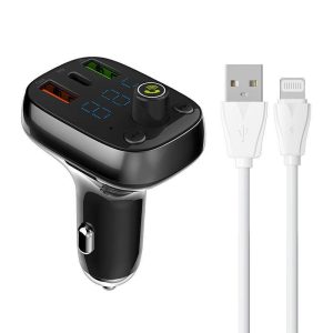 LDNIO C704Q autós töltő és FM transzmitter 1xUSB-A és 1xUSB-C csatlakozóval és USB-A - Lightning kábellel