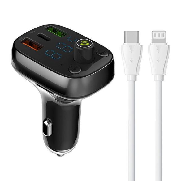 LDNIO C704Q autós töltő és FM transzmitter 1xUSB-A és 1xUSB-C csatlakozóval és Type-C - Lightning kábellel