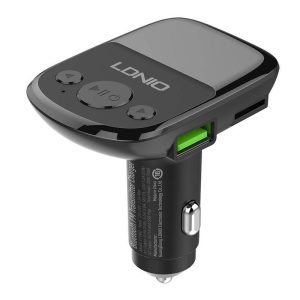 LDNIO C706Q autós töltő és FM transzmitter 2xUSB-A és 1xUSB-C és AUX csatlakozóval és USB-A - Lightning kábellel