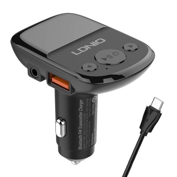 LDNIO C706Q autós töltő és FM transzmitter 2xUSB-A és 1xUSB-C és AUX csatlakozóval és USB-A - Type-C kábellel