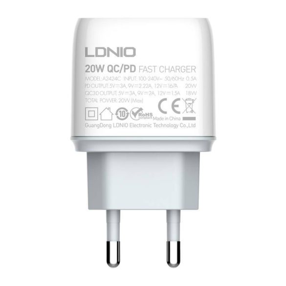 LDNIO A2424C hálózati töltő 1xUSB-A és 1xUSB-C csatlakozóval és USB-A - Lightning kábellel max. 20W fehér