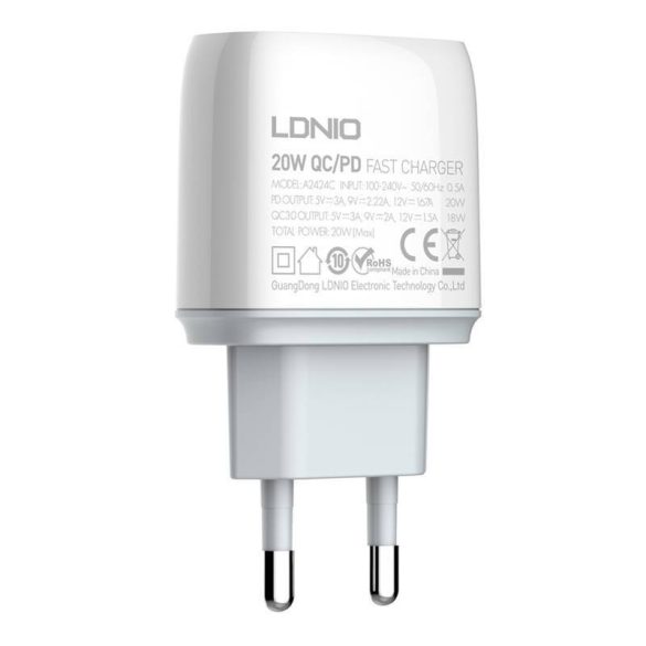 LDNIO A2424C hálózati töltő 1xUSB-A és 1xUSB-C csatlakozóval és USB-A - Lightning kábellel max. 20W fehér