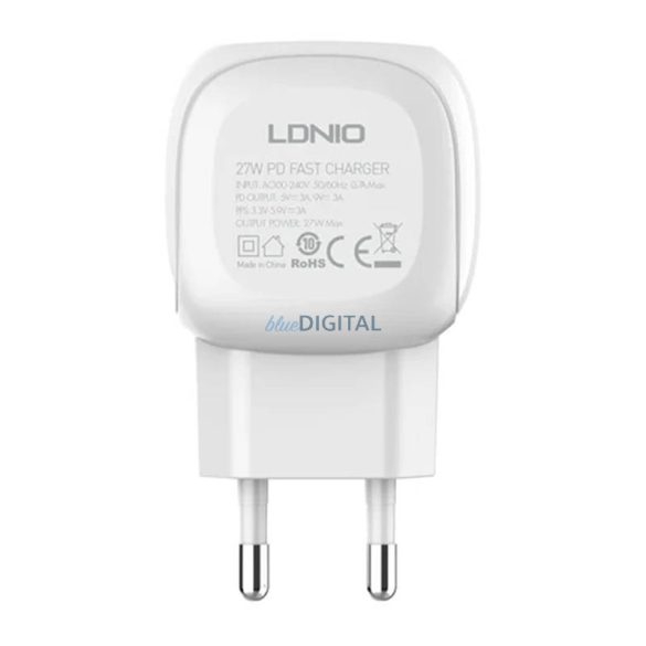 LDNIO A1206C hálózati töltő 1xUSB-C csatlakozóval és Type-C - Type-C kábellel 27W fehér