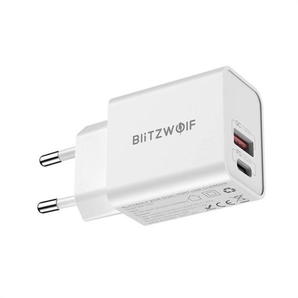 Blitzwolf BW-S20 hálózati töltő 1xUSB-A és 1xUSB-C csatlakozóval 20W (fehér)