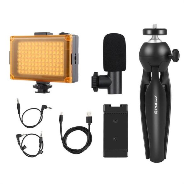 Élő adás készlet Puluz állványrögzítő + LED lámpa + mikrofon + telefon bilincs