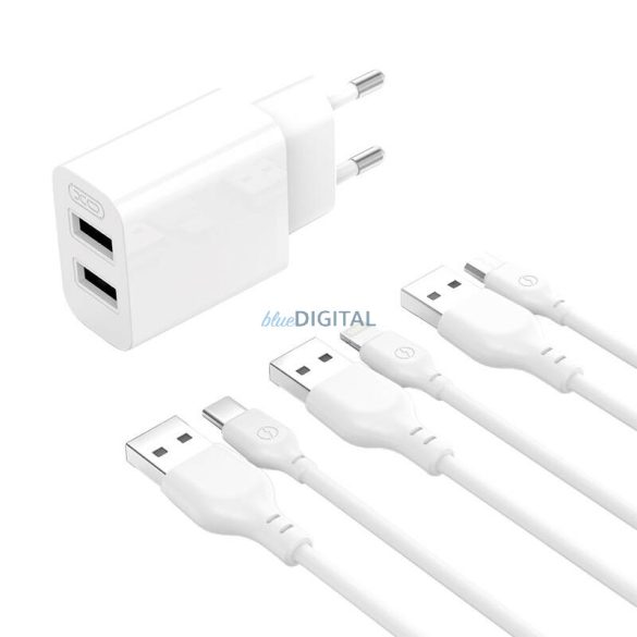 Xo L109 hálózati töltő 2xUSB-A csatlakozóval és USB-A - Type-C kábellel 2.4A fehér