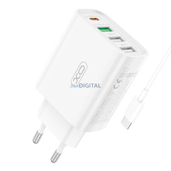 Xo L120 hálózati töltő 3xUSB-A és 1xUSB-C csatlakozóval és USB-A - Type-C kábellel 18W (fehér)