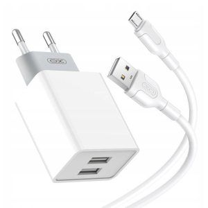 Xo L65 hálózati töltő, 2xUSB-A csatlakozóval és USB-A - microUSB kábellel (fehér)