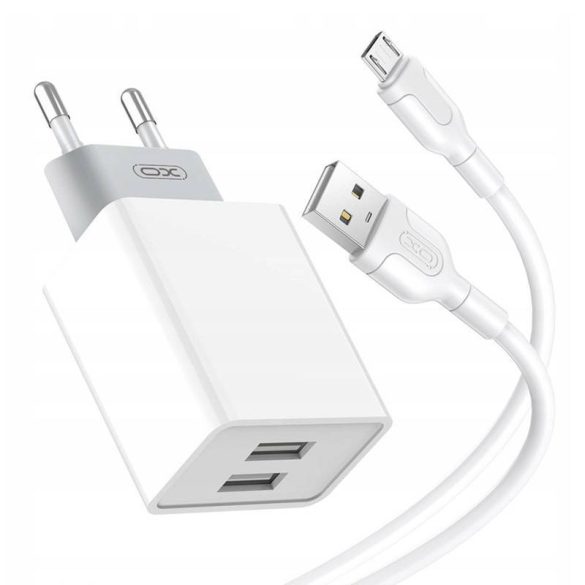 Xo L65 hálózati töltő, 2xUSB-A csatlakozóval és USB-A - microUSB kábellel (fehér)