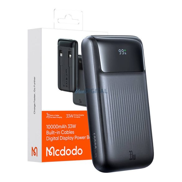 Mcdodo MC-0231 powerbank kijelzővel, beépített Type-C és Lightning kábellel 10000mAh 33W - fekete