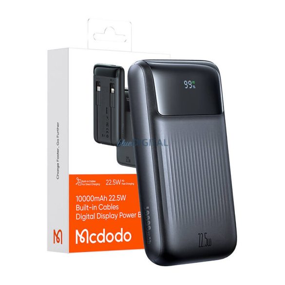 Mcdodo MC-0241 powerbank kijelzővel, beépített Type-C és Lightning kábellel 10000mAh 22,5W - fekete