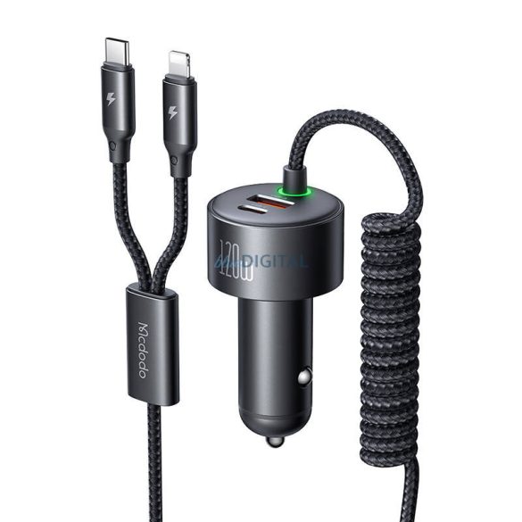 McDodo CC-0370 autós töltő 1xUSB-A és 1xUSB-C csatlakozással + rögzített Type-C és Lightning kábellel 120W - fekete