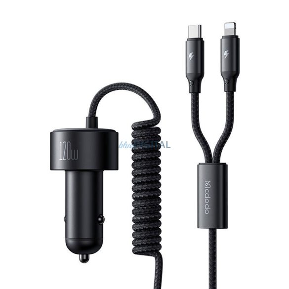 McDodo CC-0370 autós töltő 1xUSB-A és 1xUSB-C csatlakozással + rögzített Type-C és Lightning kábellel 120W - fekete