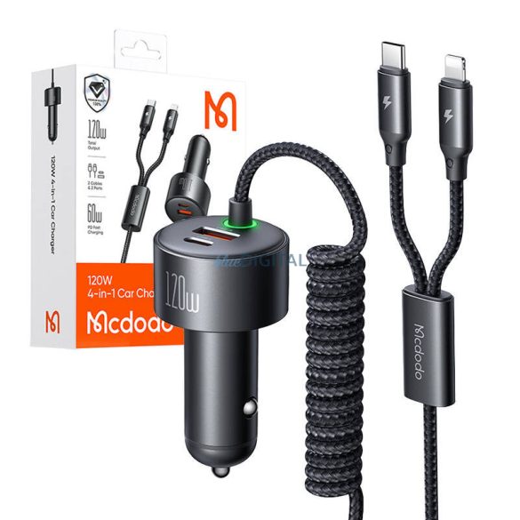 McDodo CC-0370 autós töltő 1xUSB-A és 1xUSB-C csatlakozással + rögzített Type-C és Lightning kábellel 120W - fekete