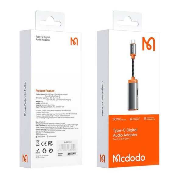 Mcdodo CA-0520 USB-C 2x USB-C adapter, PD 60W (fekete)