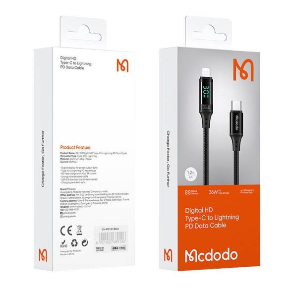 Mcdodo CA-1030 USB-C Lightning kábel, 36W, 1.2m (fekete)