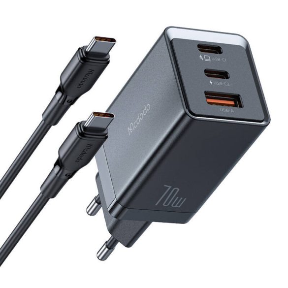 Mcdodo CH-1543 hálózati töltő 1xUSB-A és 2xUSB-C csatlakozással és Type-C - Type-C kábellel GaN 67W - fekete