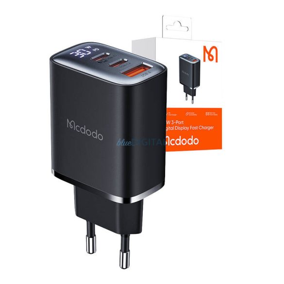 Mcdodo CH-2180 hálózati töltő 1xUSB-A és 2xUSB-C csatlakozással és kijelzővel 30W - fekete