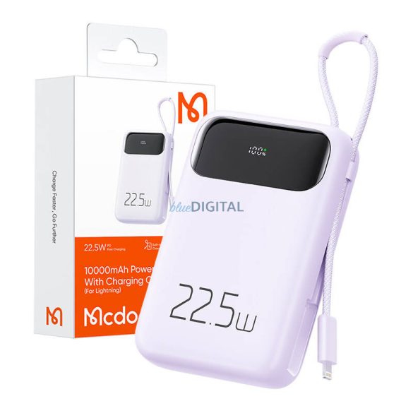 Mcdodo MC-3255 powerbank 10000mAh, 22.5W beépített Lightning kábellel - lila