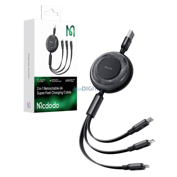 Mcdodo CA-3730 3-az-1-ben Type-C - Type-C / Lightning / microUSB kábel 6A 1.2m - fekete