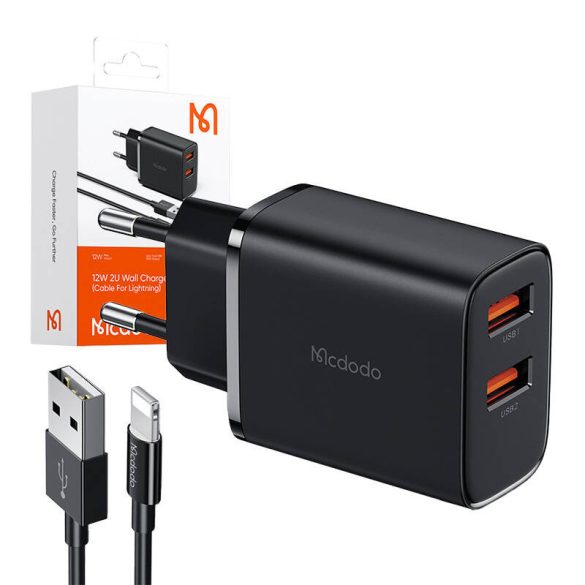 Mcdodo CH-5071 hálózati töltő 2xUSB-A csatlakozással USB-A - Lightning kábellel 12W - fekete