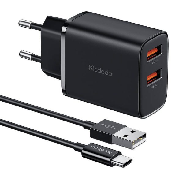 Mcdodo CH-5072 hálózati töltő 2xUSB-A csatlakozással USB-A - Type-C kábellel 12W - fekete