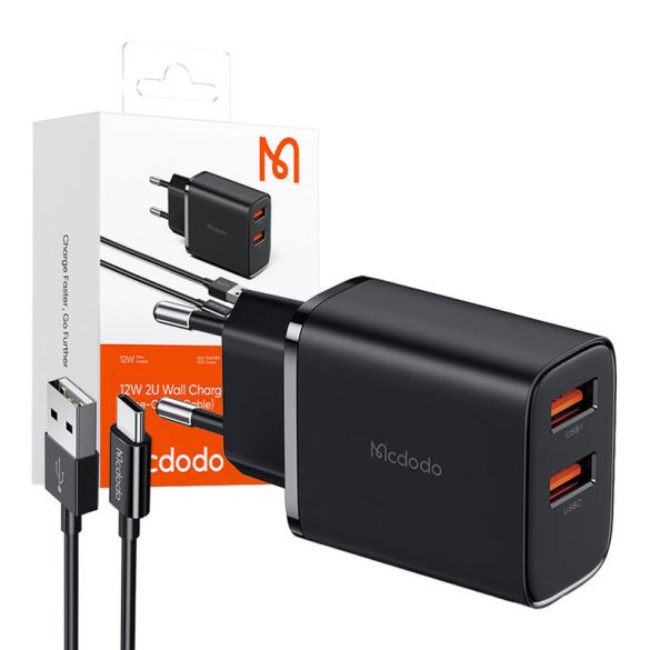 Mcdodo CH-5072 hálózati töltő 2xUSB-A csatlakozással USB-A - Type-C kábellel 12W - fekete