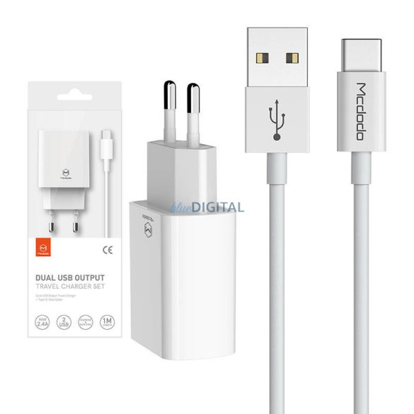 McDodo CH-6721 hálózati töltő 2xUSB-A csatlakozással és USB-A - Type-C kábellel 2.1A 1m - fehér