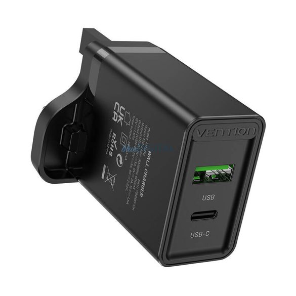 USB (A+C) fali töltő Vention FBBB0-UK (18W/20W) UK Fekete