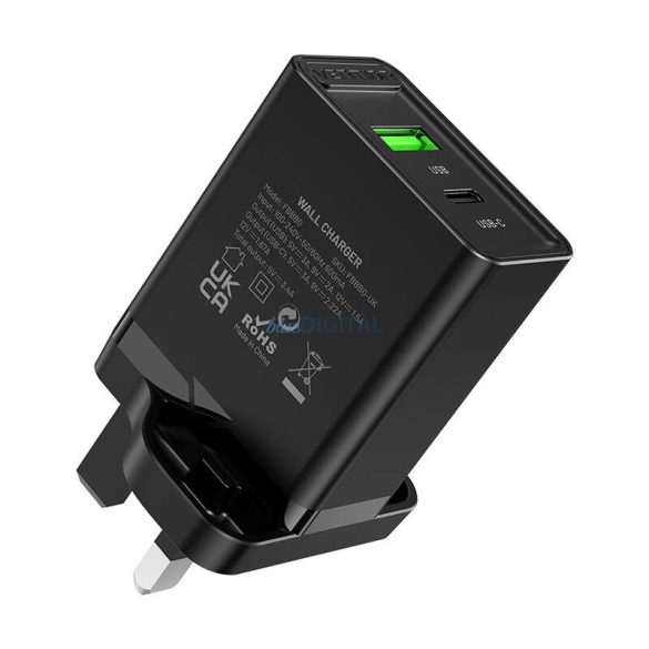 USB (A+C) fali töltő Vention FBBB0-UK (18W/20W) UK Fekete