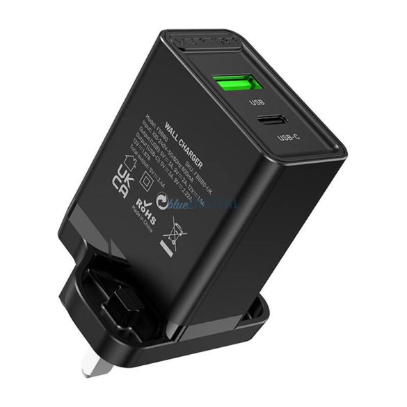 USB (A+C) fali töltő Vention FBBB0-UK (18W/20W) UK Fekete