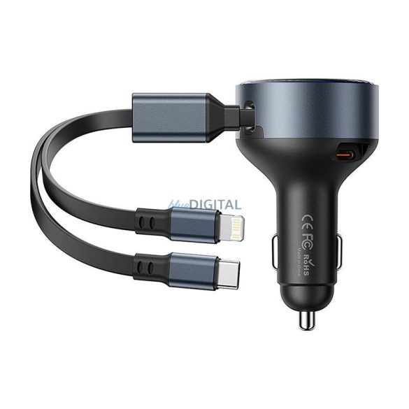 Vention FFOB0 autós töltő 1xUSB-C csatlakozással és rögzített Type-C és Lightning kábelekkel 30W - fekete