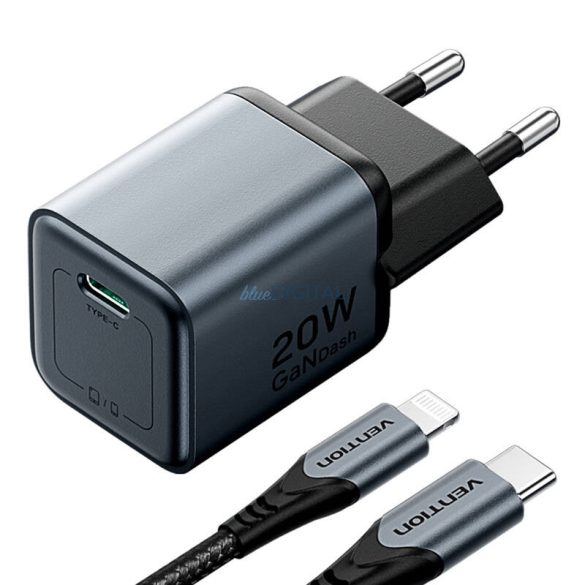 Vention TZ-FEVH0-EU hálózati töltő 1xUSB-C csatlakozással + Type-C - Lightning kábellel 100cm 20W GaN PD QC - szürke