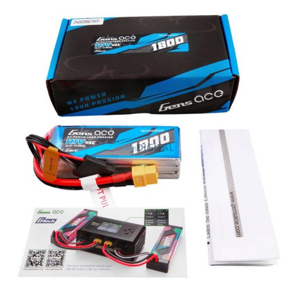 Gens Ace G-Tech 1800mAh 11.1V 45C 3S1P Lipo akkumulátor PackXT60 Plug