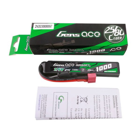 Gens ace G-Tech 25C 1000mAh 2S1P 7.4V Airsoft Gun Lipo akkumulátorT Plug