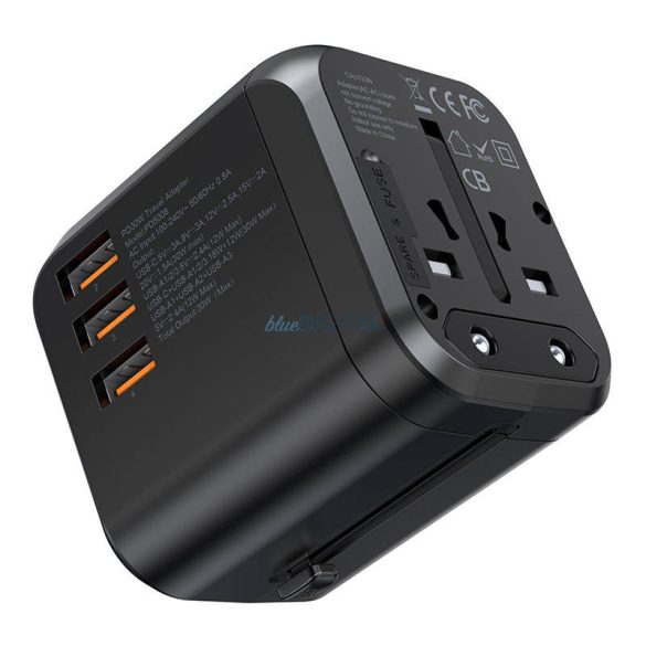 Choetech PD5008, 3xUSB-A, 1xUSB-C, GaN, 30W, US/EU/UK/AU (fekete), utazó fali töltő