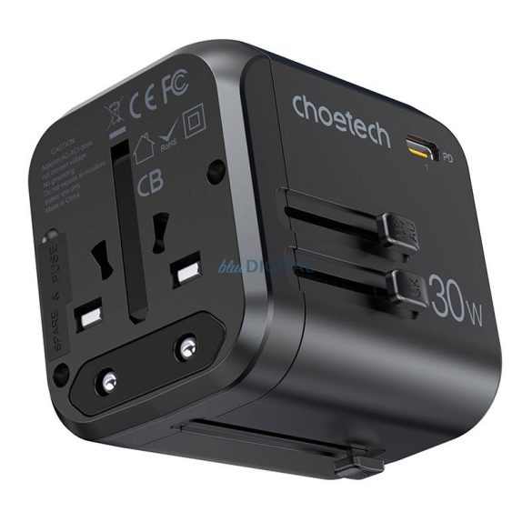 Choetech PD5008, 3xUSB-A, 1xUSB-C, GaN, 30W, US/EU/UK/AU (fekete), utazó fali töltő