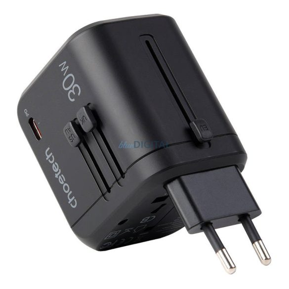 Choetech PD5008, 3xUSB-A, 1xUSB-C, GaN, 30W, US/EU/UK/AU (fekete), utazó fali töltő