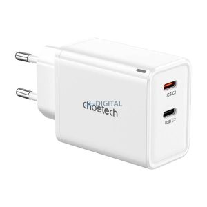 Choetech PD6013 hálózati töltő 2xUSB-C csatlakozással GaN PD 65W - fehér