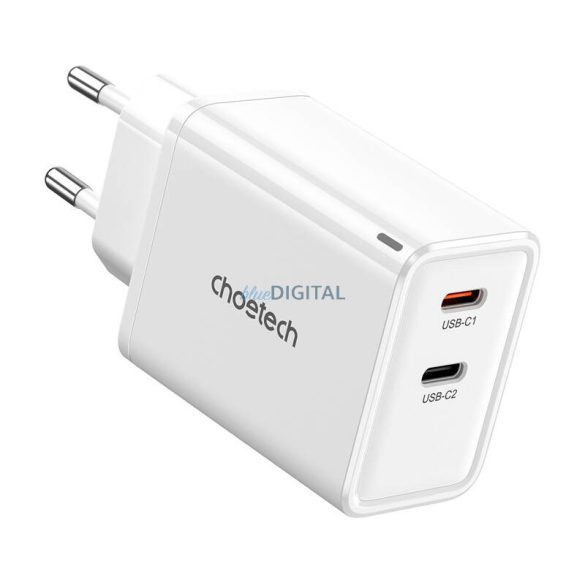 Choetech PD6013 hálózati töltő 2xUSB-C csatlakozással GaN PD 65W - fehér