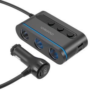 Choetech TC0021 autós töltő 1xUSB-A és 2xUSB-C csatlakozással + 3x szivargyújtó elosztóval max.30W PD QC3.0 - fekete