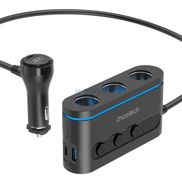 Choetech TC0021 autós töltő 1xUSB-A és 2xUSB-C csatlakozással + 3x szivargyújtó elosztóval max.30W PD QC3.0 - fekete