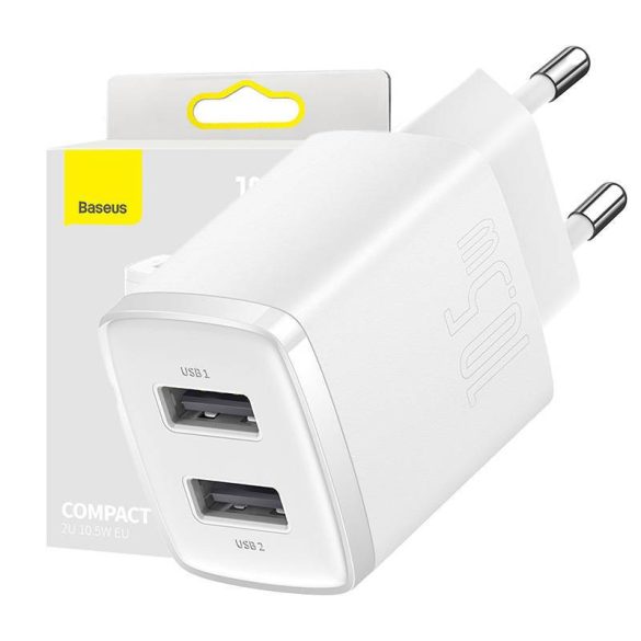 Baseus kompakt gyorstöltő, 2x USB, 10.5W (fehér)