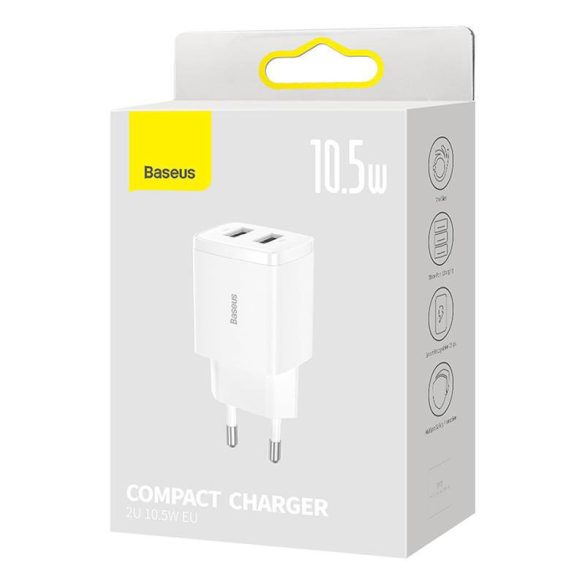 Baseus kompakt gyorstöltő, 2x USB, 10.5W (fehér)