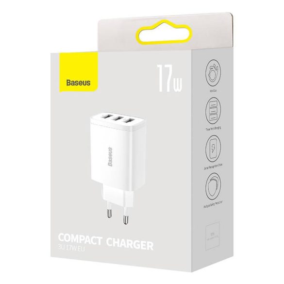 Baseus kompakt gyorstöltő, 3x USB, 17W (fehér)